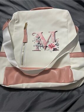 Feminine White & Pink 'M' Accent Kids Backpack